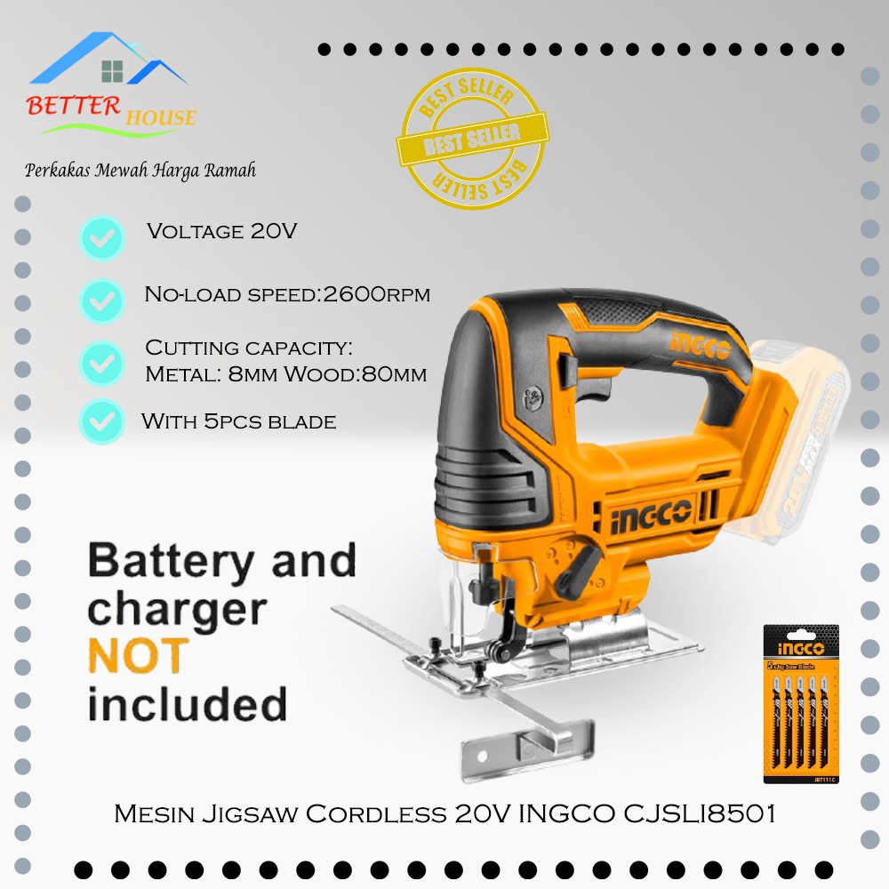 MESIN JIGSAW CORDLESS 20V INGCO BATERAI UNIT ONLY INGCO CJSLI8501