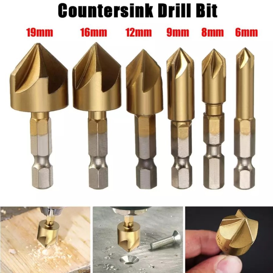 Mata Bor Countersink Set 6 pcs HSS Gold Drill Bit Countershink 6-19mm 1/4 Hex Bit Chamfer Plat Kayu