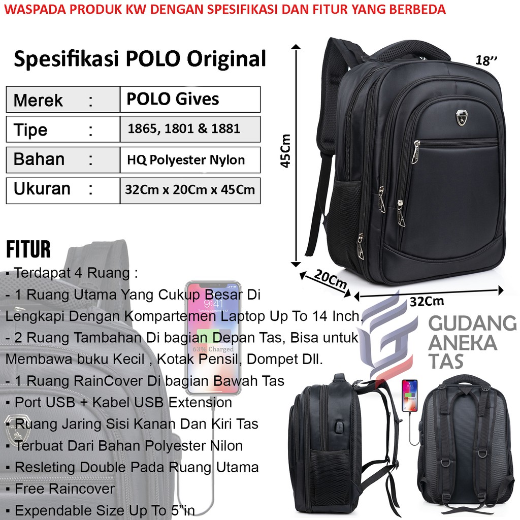 POLO GIVES - Ransel Kerja POLO Original Import 18 Inch + Free Kabel USB + Raincover