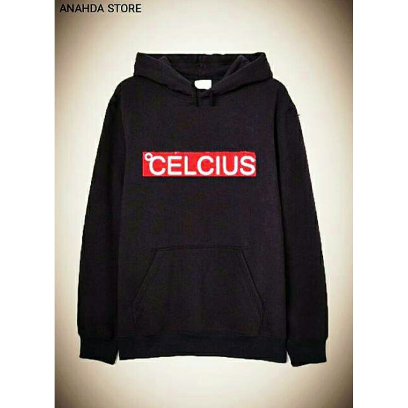 CELCIUS Hoodie Sweater Hitam C10028S Sablon Dasar Merah Ready