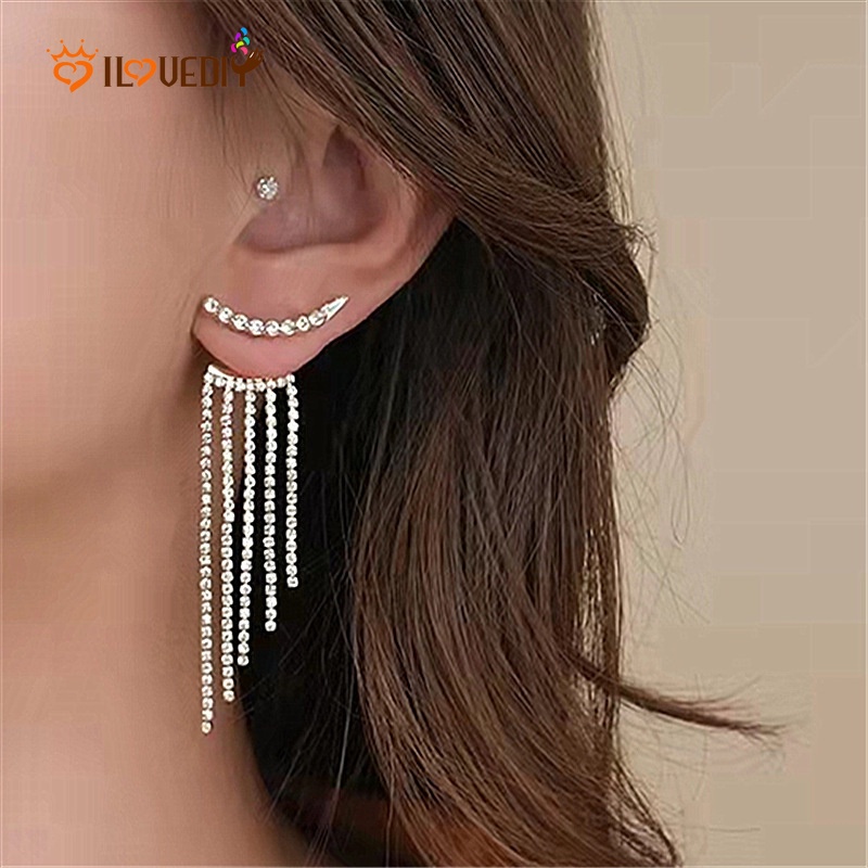 Anting Tusuk Gantung Panjang Wanita Hias Kristal / Berlian Imitasi Gaya Korea / Elegan Untuk Pernikahan / Pesta