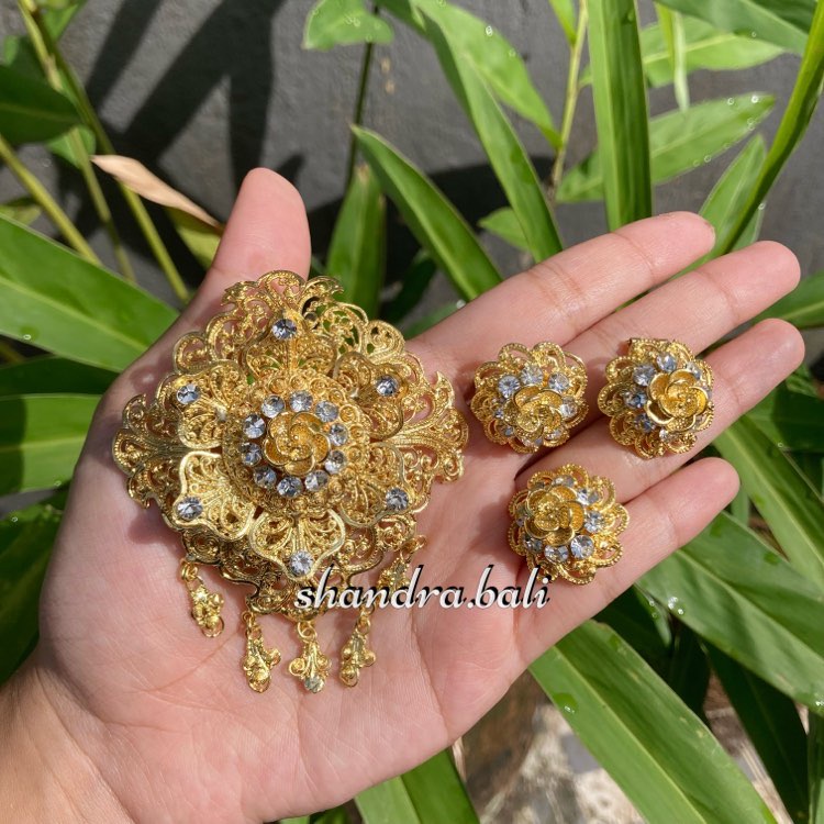 Set Bros Amara Mawar Permata Zircon Pin Aksesoris Perhiasan Baju Adat Kebaya Hijab Alpaka Gold Bali
