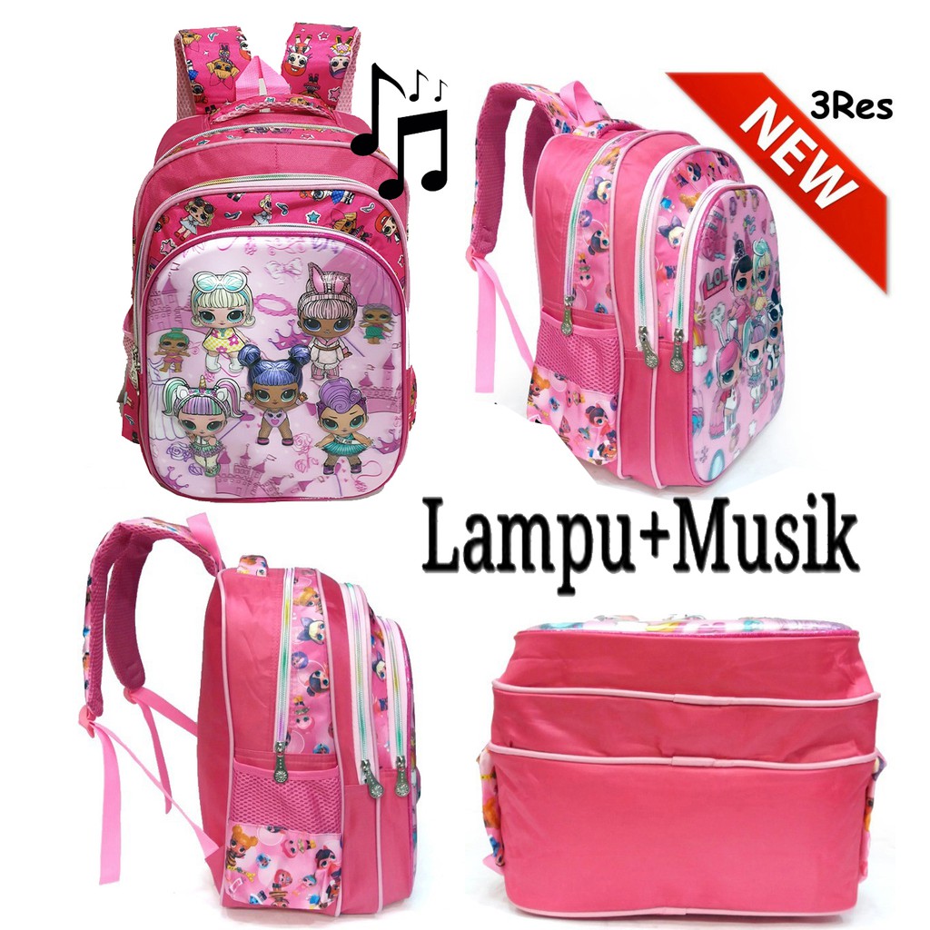 PROMO CUCI GUDANG Tas LAMPU DAN MUSIK Ransel Anak Perempuan Cantik 5D Timbul Hologram Import