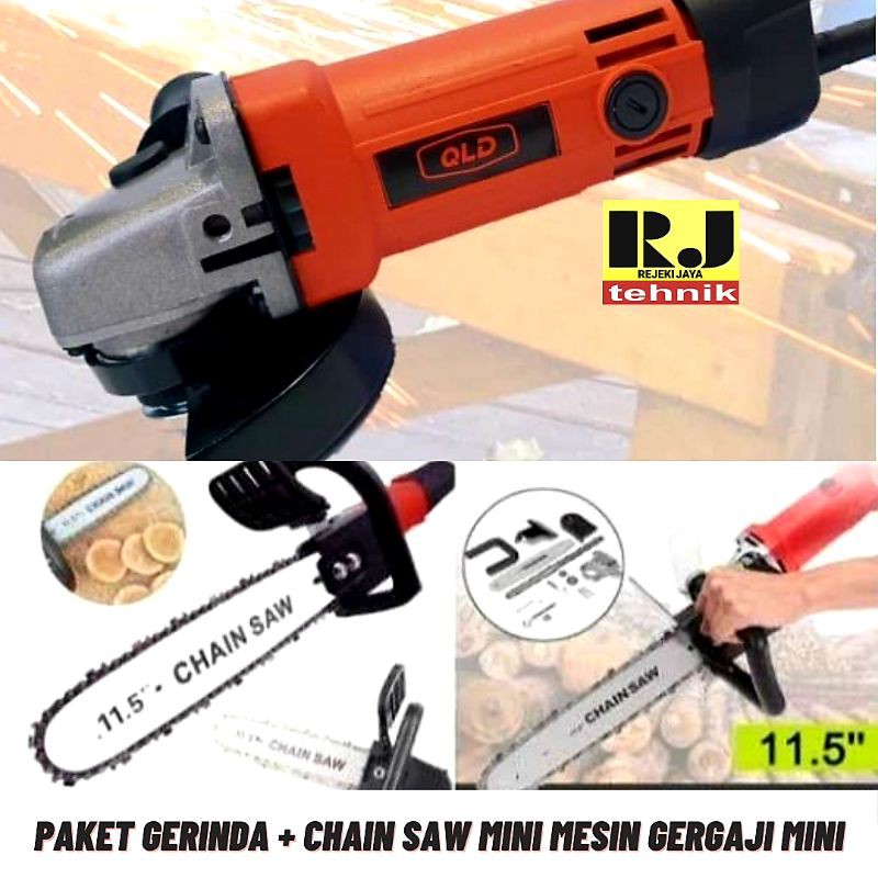 Paket Mesin Gergaji Kayu Chain Saw Mini Mesin Gerinda Tangan 4 inch + Adaptor Chain Saw