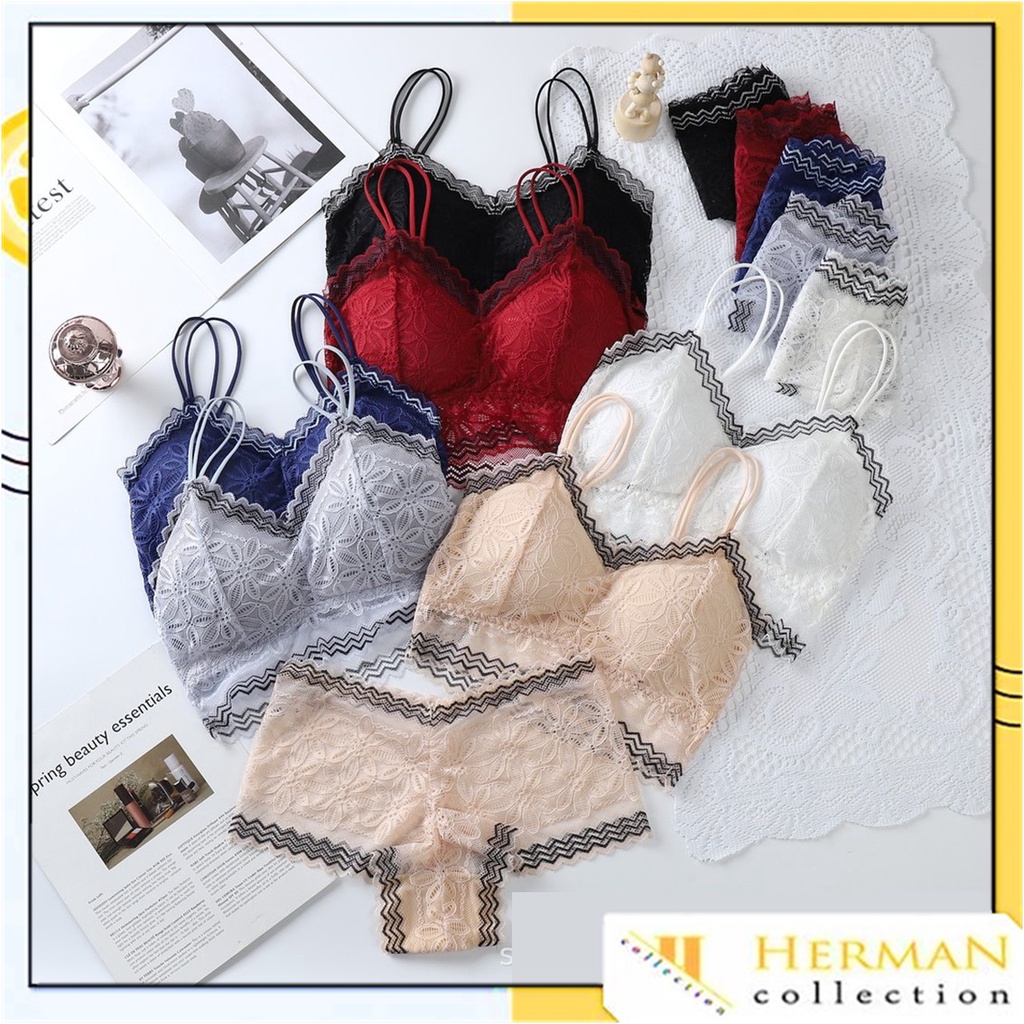 Bra Set Sexy Renda 6451 Bra Celana Dalam Wanita One Set Push Up BH Tali Busa Tanpa Kawat Impor