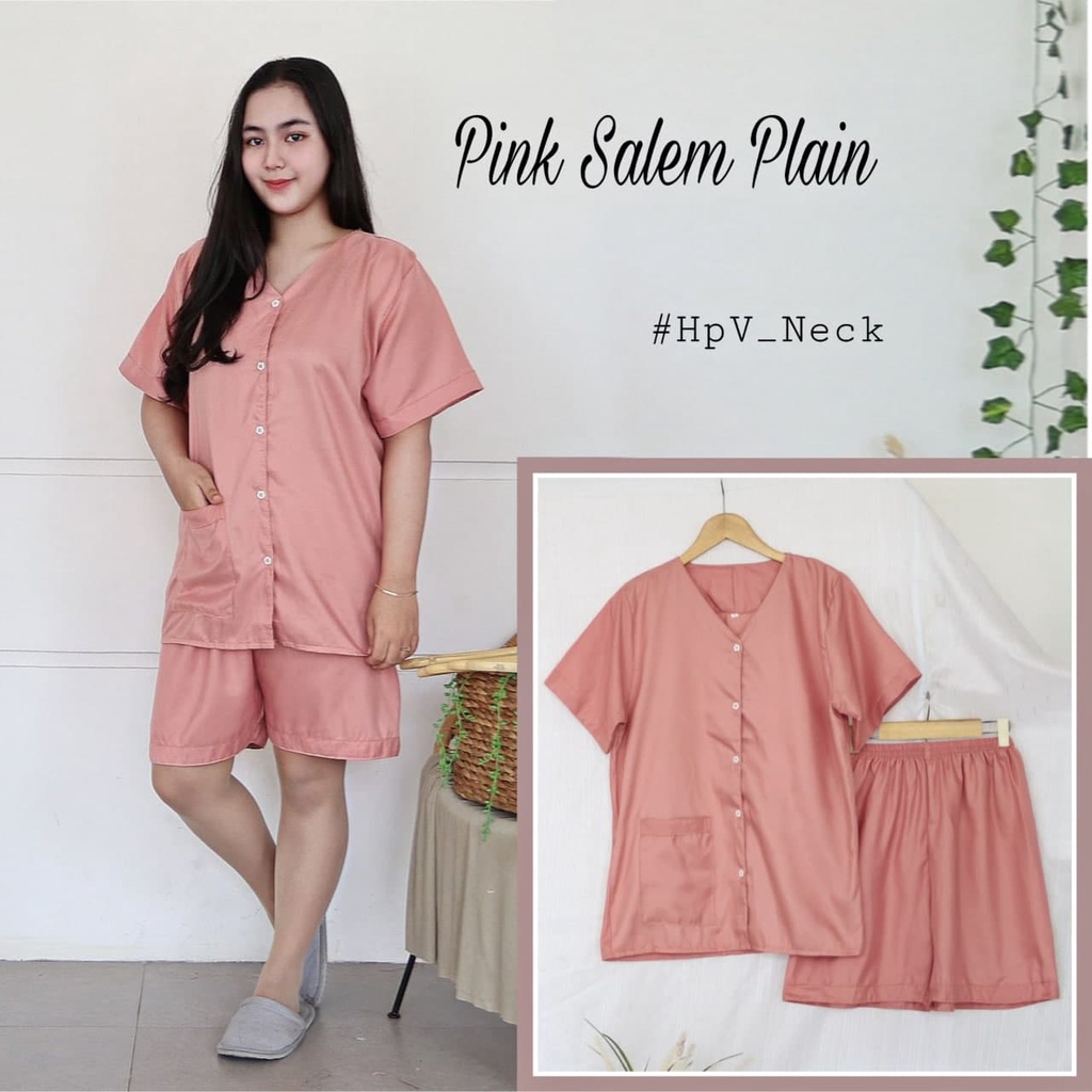 IZANY Piyama Dewasa Hotpant V Neck all size  / HP Celana Pendek  PLAIN Polos-PINK SALEMP LAIN