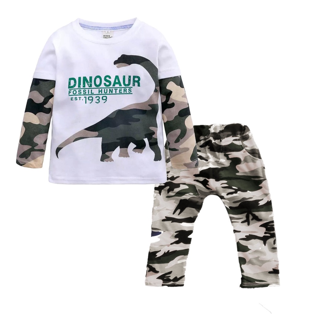 setelan baju bayi anak motif dino loreng panjang size 1-5 tahun bahan katun lembut terlaris/ setelan baju bayi anak laki laki/ setelan baju bayi anak cowo/ baju bayi anak motif dino army terlaris/ baju kaos bayi anak laki laki