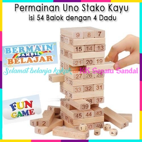 ◔‿◔ Taffware Permainan Uno Stako Kayu Balok dengan Dadu - Permainan Balok Kayu