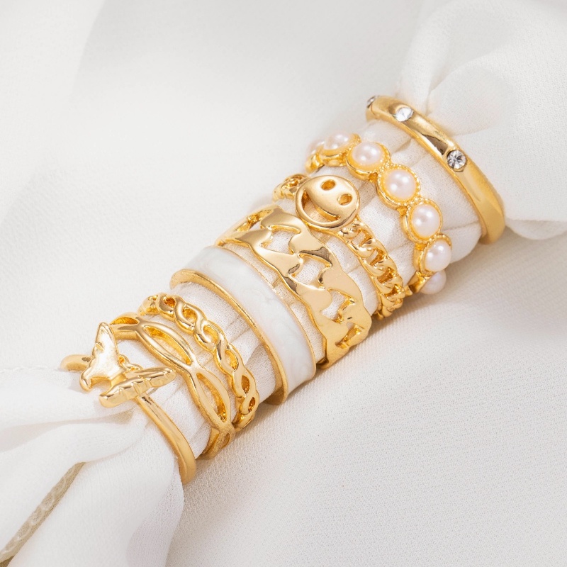 8 piece set  pearl retro ring butterfly smiley fashion ring for women