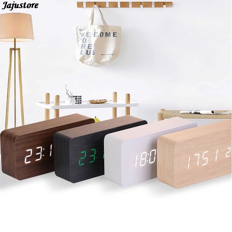 【Ready Stock】Jam Kayu / Jam Meja Kayu Digital Led / Digital Jam Led / Jam Estetik + SUHU / ESTETIK JAM WEKER / Jam Meja Digital Led Motif Kayu - Wooden Table Clock Voice Control