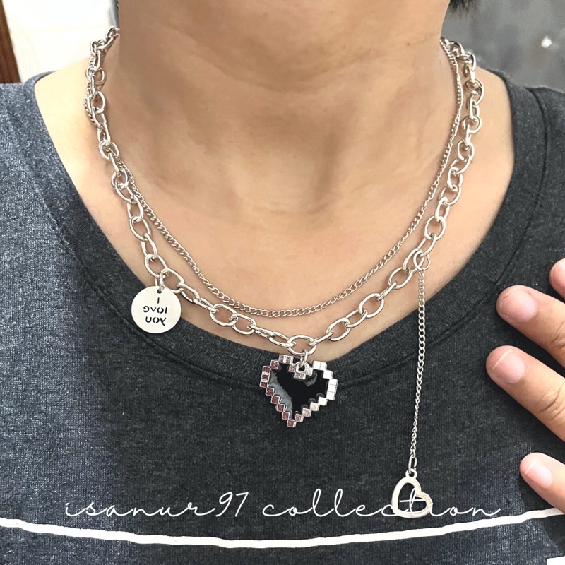 ISANUR97 | Kalung Titanium Love Mosaik Mozaik Kalung Rantai Wanita Pria Korea Liontin Hip Hop Anti Karat Dan Luntur Mewah Multi-layer Retro