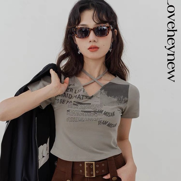 Loveheynew Amerika Retro Cetak Renda Halter Leher T-shirt Wanita Niche Gadis Panas Pendek Slim Lenga