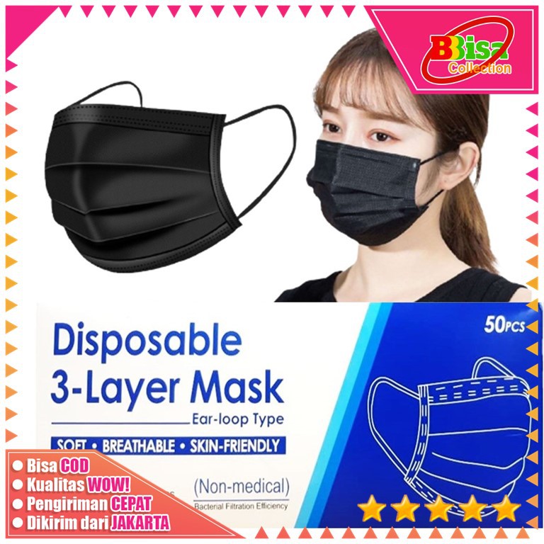 BBBC Masker Hitam 3Ply Masker Mulut Black 50 Pcs Facemask Earloop ...