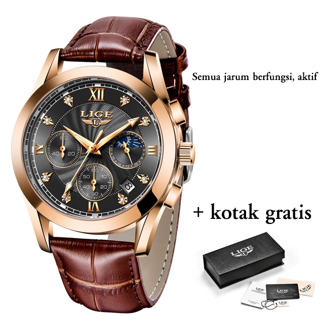 LIGE 8912 Original Anti Air Jam Tangan Pria 2022 Terbaru Tali kulit Kronograf Aktif Jam Tangan + Kotak