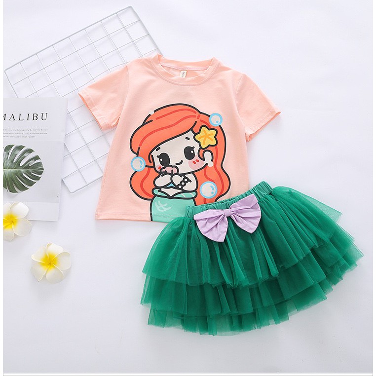 Setelan Anak Perempuan Kaos dan Rok Tutu Pita Princess Frozen Elsa Ariel Mermaid Snow White Import