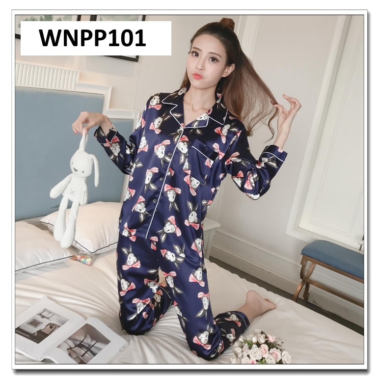 Piyama Wanita Baju Tidur Wanita Kancing Depan Satin Rabbit Tie