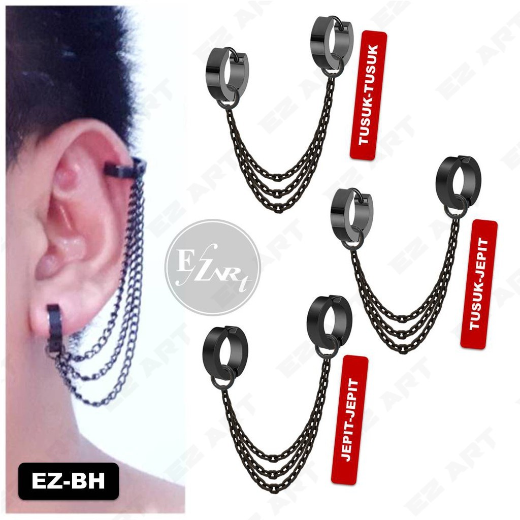 1Pc Model EZ-BH Black Hitam Anting Pria Wanita Jepit Tusuk Sambung Tiga Rantai Triple Helix