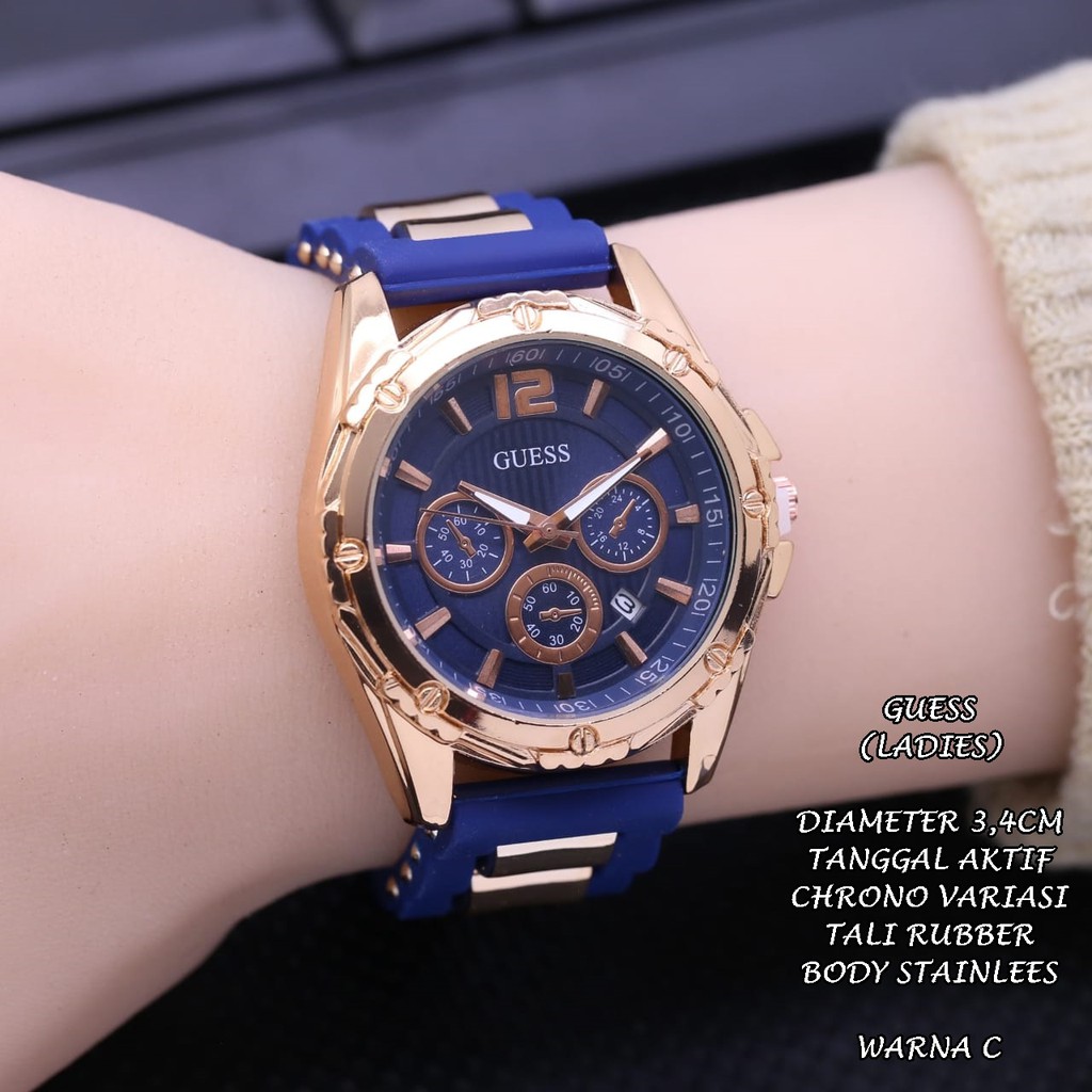 (BISA COD) JAM TANGAN WANITA GUESS TALI RUBBER BODY BULAT TANGGAL AKTIF CHRONO OFF