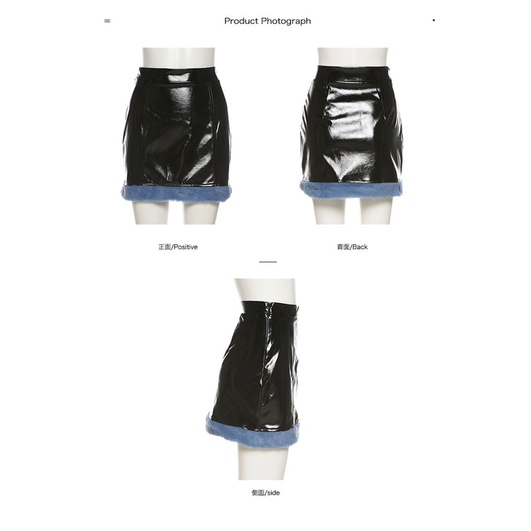 #Sisjuly# Wanita Hitam Jas Kulit Warna Kontras Kerah Jaket Ramping Pinggang Tinggi Rok Pendek Fashio