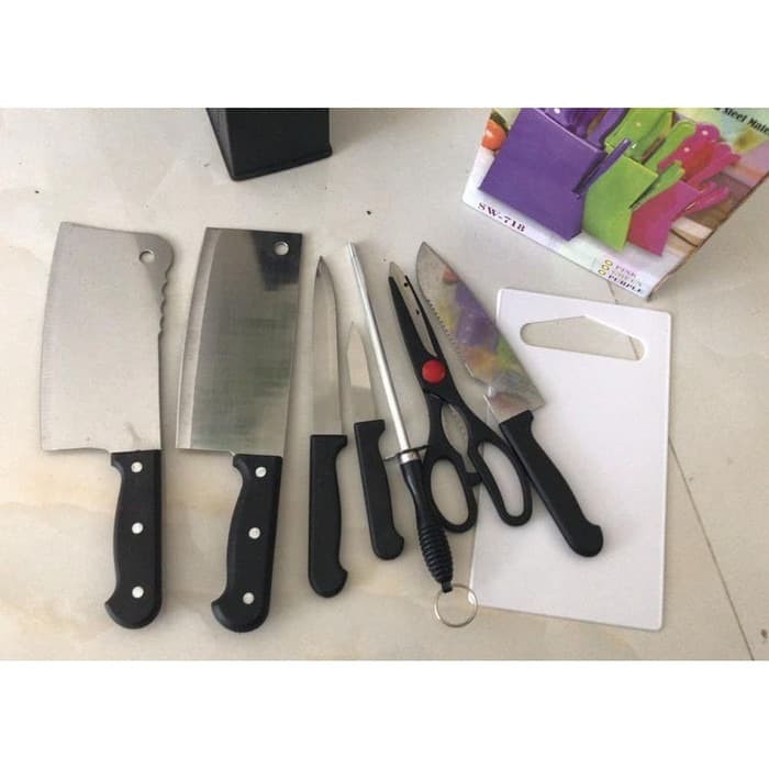 Pisau Dapur HITAM - Pisau Set Stainless + Talenan Dapur Serbaguna