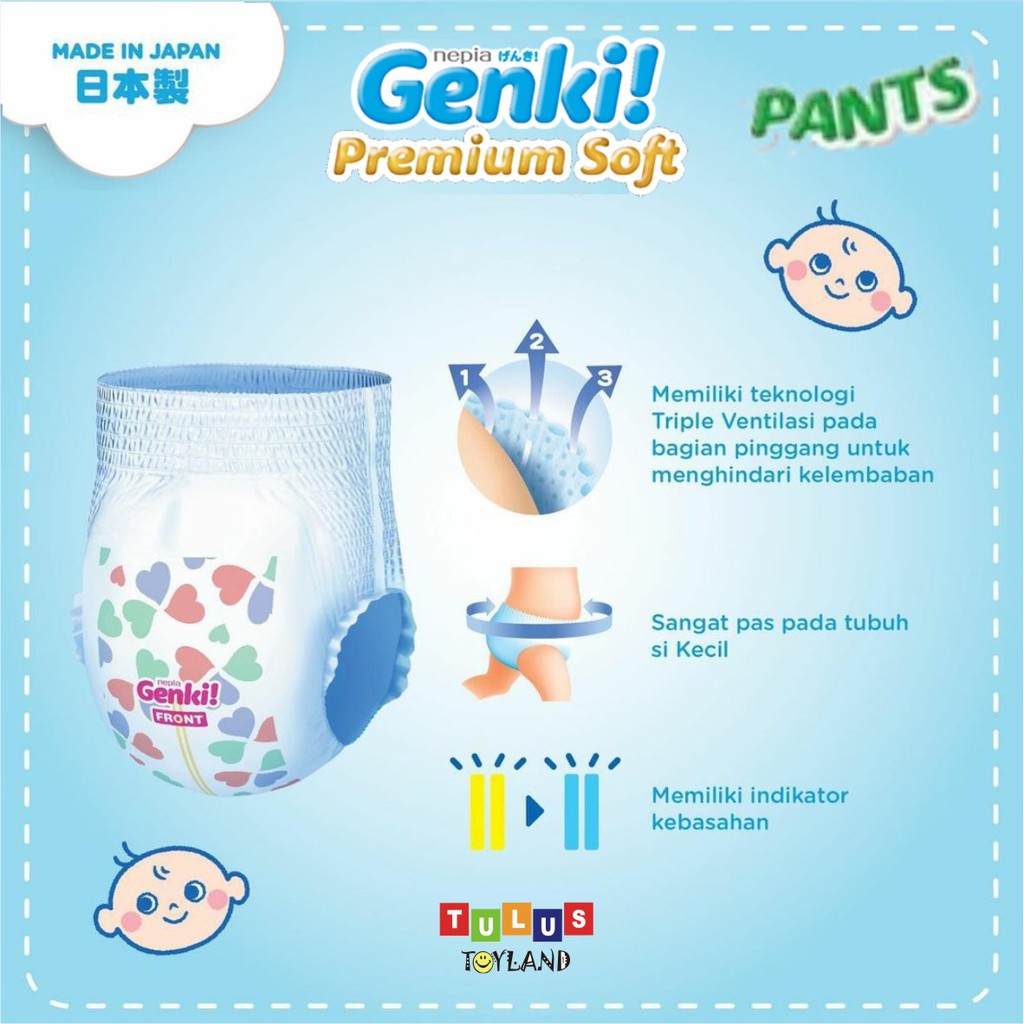 Nepia GENKI PANTS Soft Premium Diapers Celana size M 32 / L 30 / XL 26 / XXL 18 popok diaper bayi