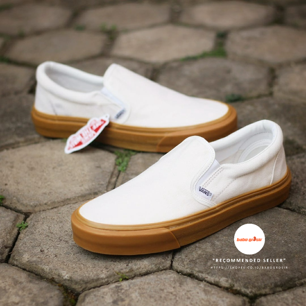 PROMO Vans Slip On White Rubber Gum Premium, Import Quality, Waffle DT Anti Slip, Upper Kanvas Krem, Tag Made in China