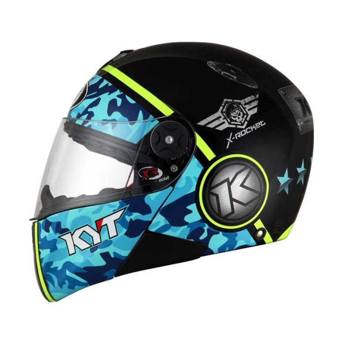 helm kyt x rocket motif #3 black blue yellow fluo helm full face