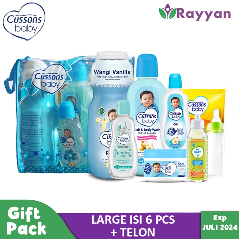 Cusson Baby Gift Set Large Biru isi 6 (cleanser)/ Kado Bayi Baru Lahir Cussons Ukuran Besar(6pcs)/ Paket Kado Melahirkan Cussons / Perlengkapan Mandi Bayi isi 6 pcs (cleanser)-Biru+Telon