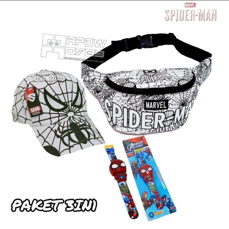 paket 3in1 tas selempang anak topi anak dan jam tangan anak karakter spiderman waistbag anak laki laki tas bahu