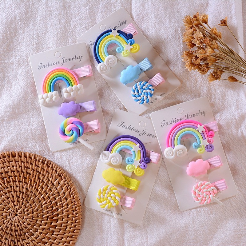 Grosir - F711 (3PCS) Jepitan Rambut Rainbow Clay / Aksesoris Rambut Pelangi Anak / Kado Ultah Lucu