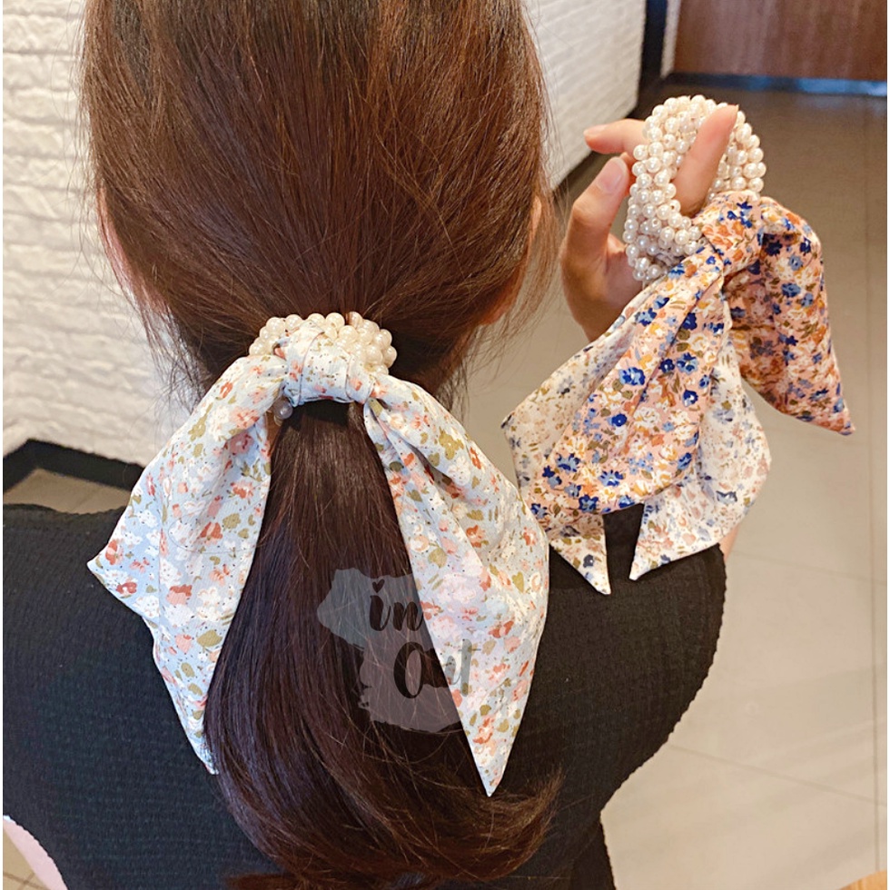 Ikat Rambut Mutiara Aksen Kain Scarf RIbbon Motif Wanita Korea Hair Fashion Aksesoris rambut / Ikat rambut Pita anak dan Dewasa ACC01