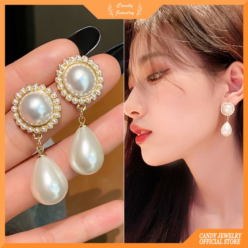 Anting S925 Silver Needle Bentuk Water Drop Aksen Mutiara Gaya Korea