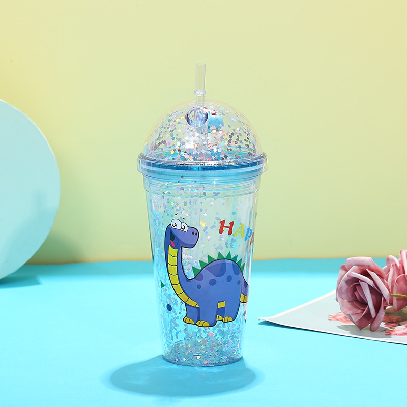 Botol Minum Tumblr Tempat Air Minum + Sedotan 450ML Karakter Unicorn Dinosaurus Bottle Tumblr