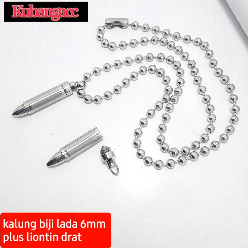 Kubang Store Kalung.Kalung Baja Putih Plus Bandul Peluru Drat Kalung Model Bola Dim 6 MM Kalung Pria