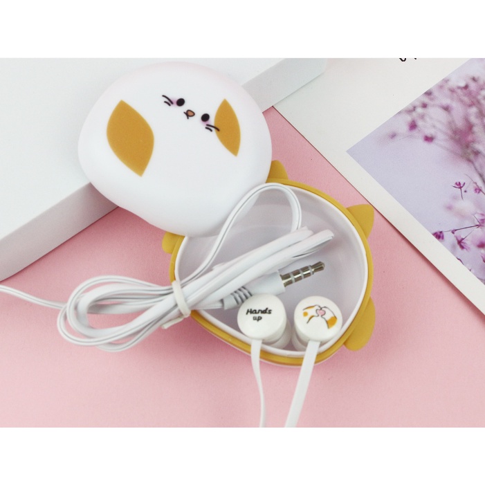 [KIKI-336] Set Headset Earphone Kartun CAT MEOW / Wadah Earphone Karakter KUCING MIAW Lucu / Tempat Penyimpanan Earphone Gambar Kucing