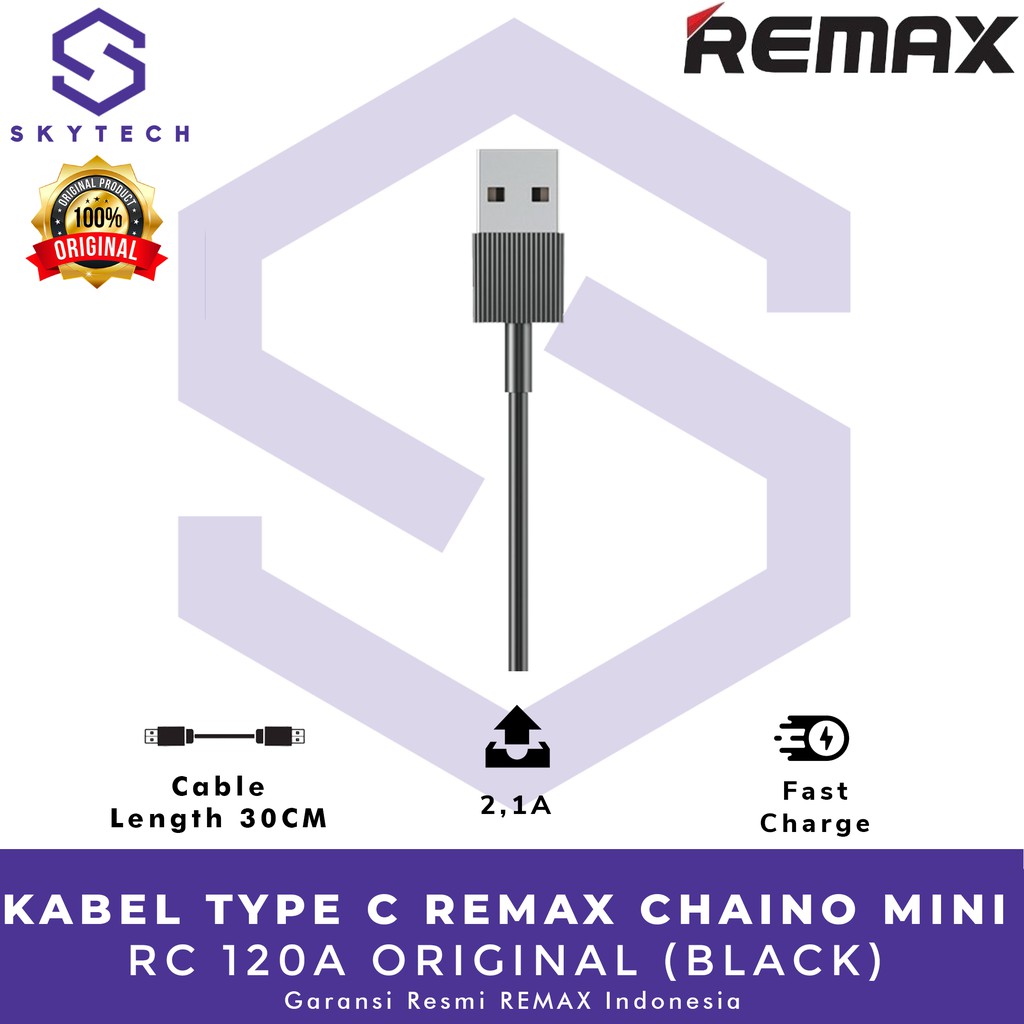 KABEL TYPE C REMAX CHAINO MINI 0,3M BLACK RC 120A ORIGINAL GARANSI RESMI