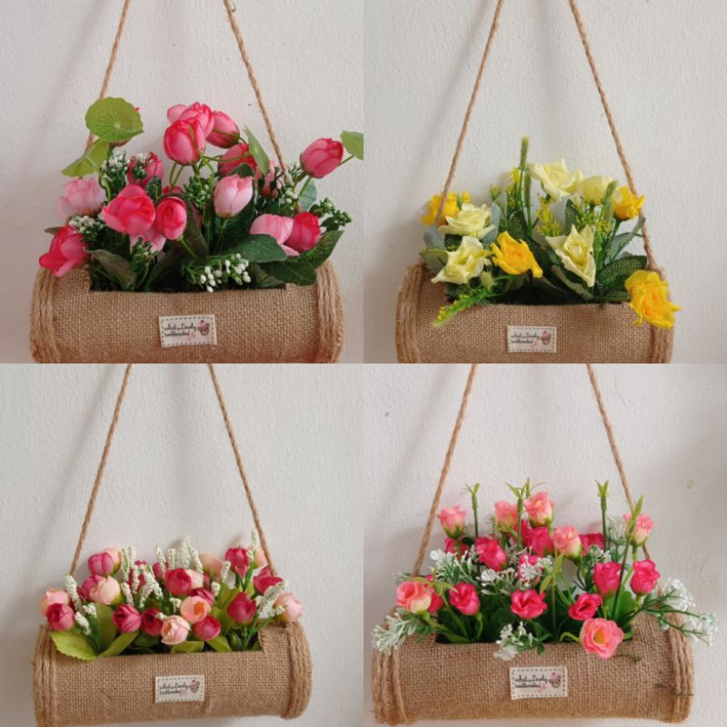 Bunga Artificial Plus Pot tabung Karung Goni. Bunga Palsu