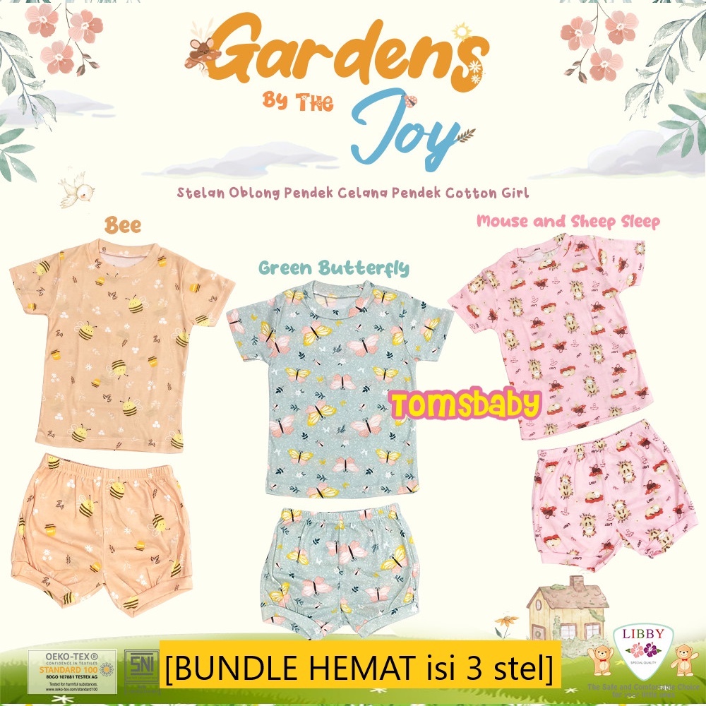 [BUNDLE HEMAT 3stel GIRL ] LIBBY (3stel) Stelan Atasan PENDEK + Celana PENDEK Oblong Cotton Tipis Motif Print GIRL (0-19kg)