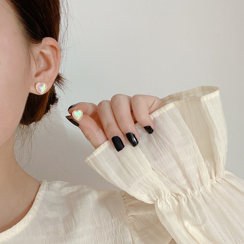 Set Anting Tusuk + Kalung Rantai Liontin Hati Batu Opal Mini Gaya Korea Untuk Wanita