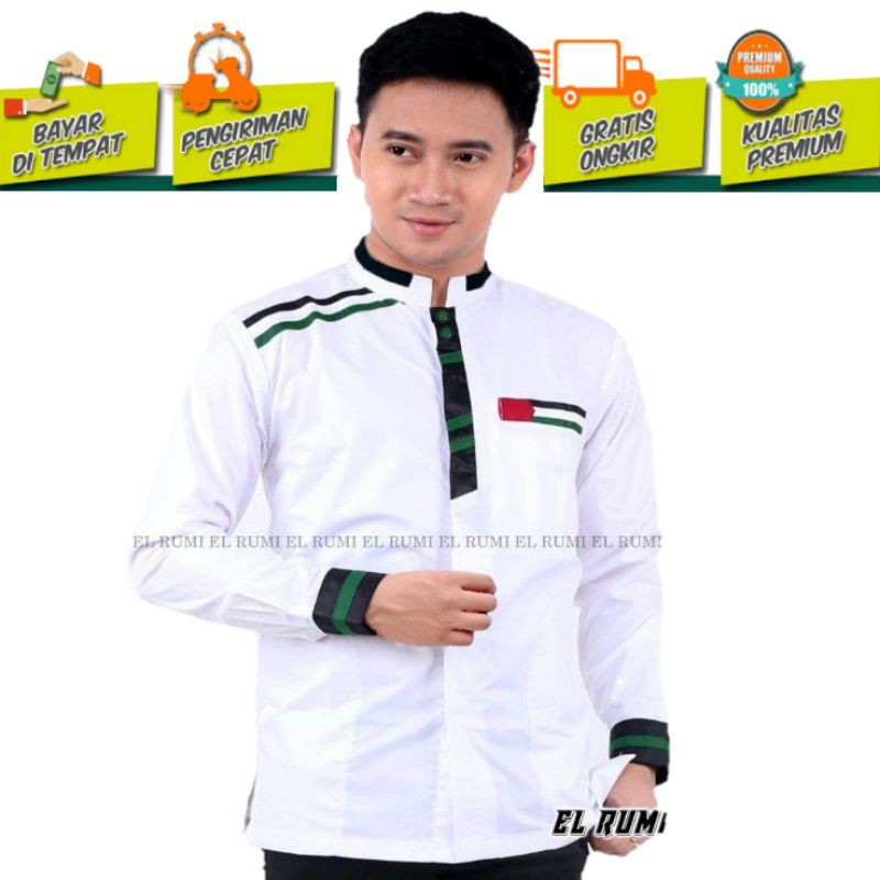ELRUMI Baju Koko Lengan Panjang Palestine Putih Terbaru | Fashion Muslim | Koko Hadroh Polos