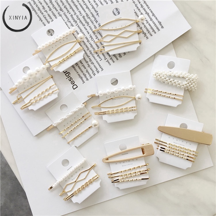 【7 groups】Korea Jepit Rambut metal pearl hairpin hairclips set