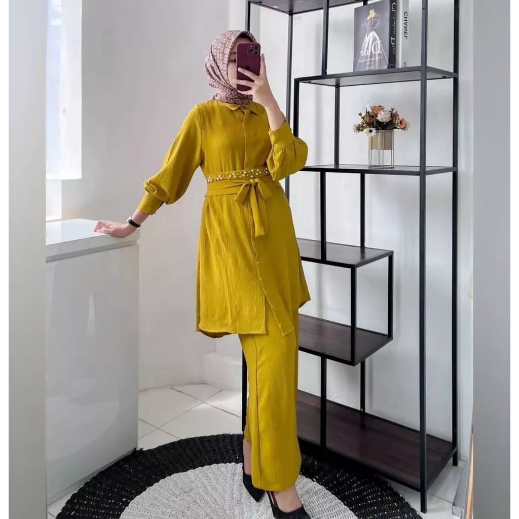 Rhesa Set Baju Wanita Setelan Tunik Dan Celana/Setelan Wanita Terbaru Bahan Crinkle One Set Jumbo