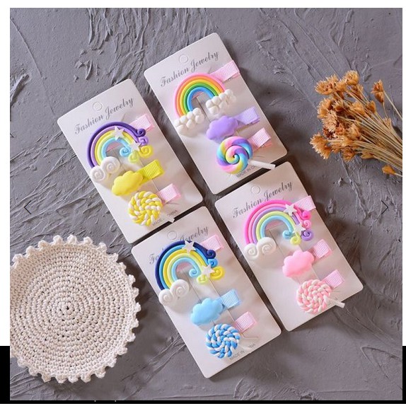 (3PCS) Jepitan Rambut Rainbow Clay / Aksesoris Rambut Pelangi Anak / Kado Ultah Lucu