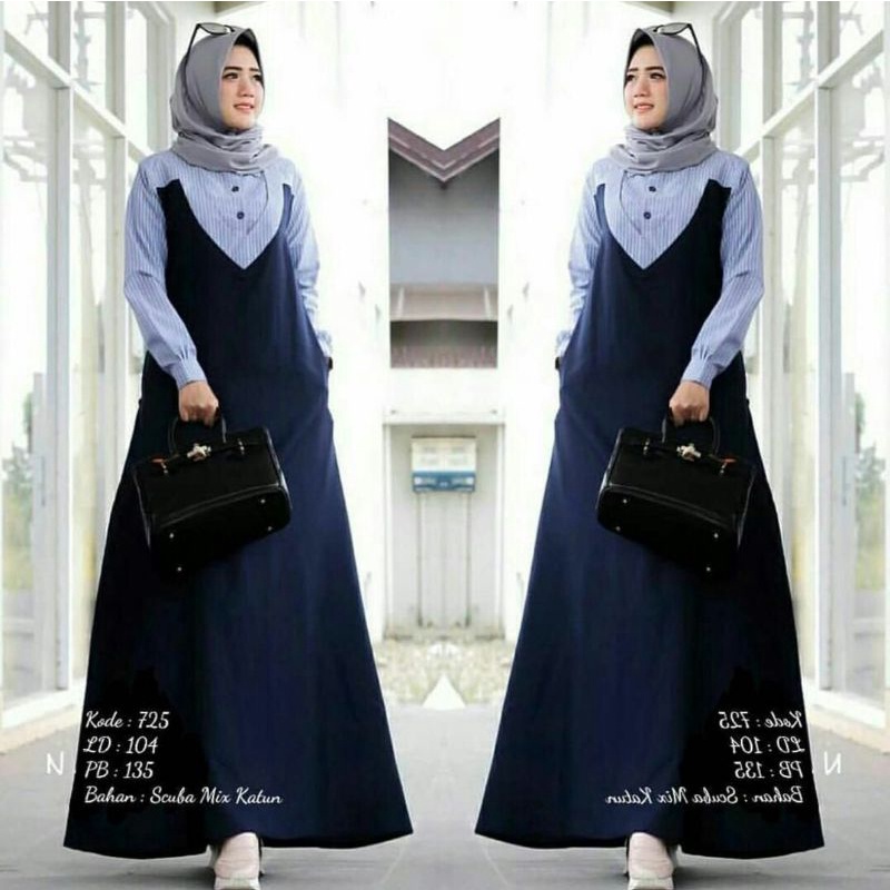 Alisa Maxy warna navy biru Dongker Maxi dress gamis cewek bahan Scuba katun biru motif garis stripe 