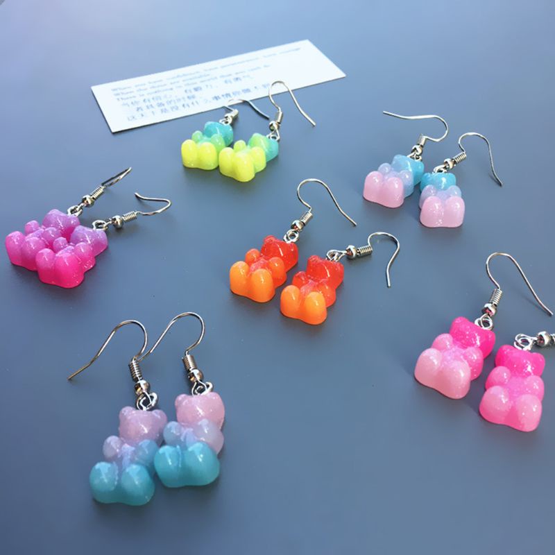 Siy 1 Pasang Anting Tusuk Gantung Wanita Bahan Resin Desain Gummy Bear Warna Permen Menarik Untuk Hadiah