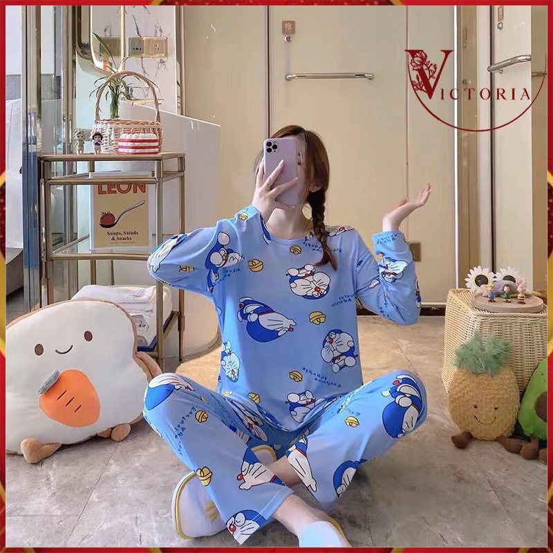 Victoria Baju Tidur Wanita Import Setelan Piyama Lengan Panjang Motif Kartun Lembut Fit to XXL 4018