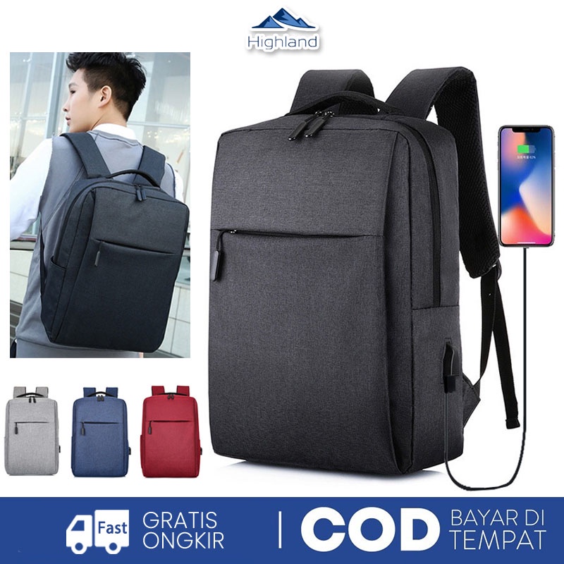 Highland Tas Ransel Pria USB Charger  Anti Air Waterproof Tas Sekolah Tas Punggung Laptop Unisex TR206