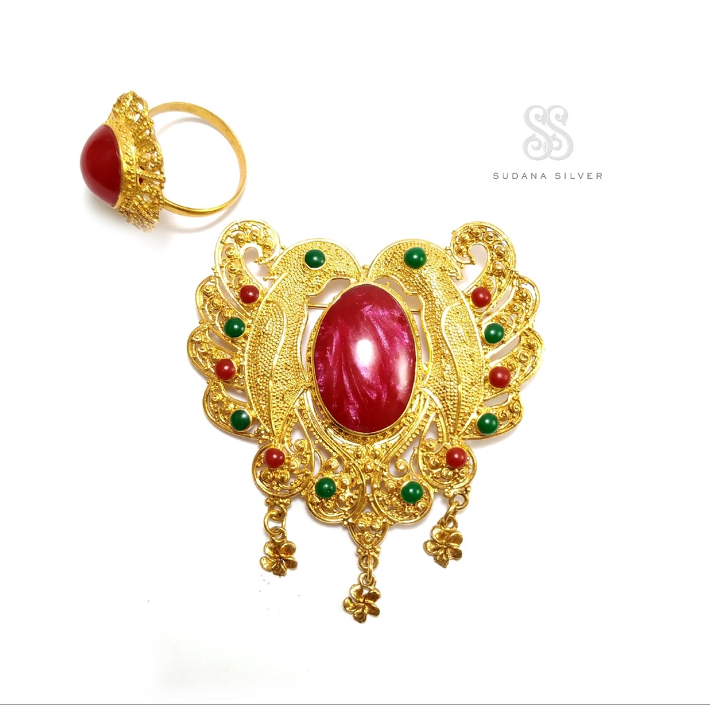 Bros dan Cincin Motif Burung Resin Merah Alpaka Gold Plated Bali