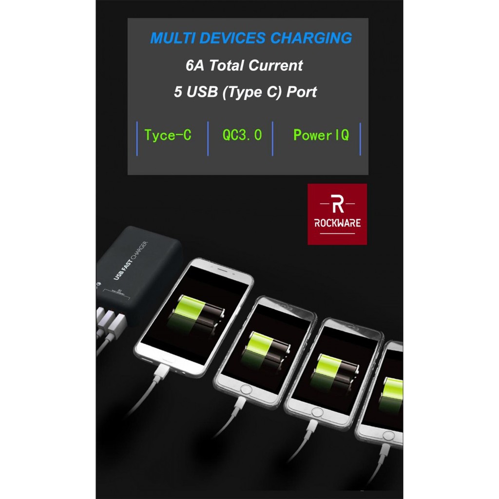 ROCKWARE T2T - Smart Fast USB Charger - 4 USB-A and 1  USB-C - 30W 6A