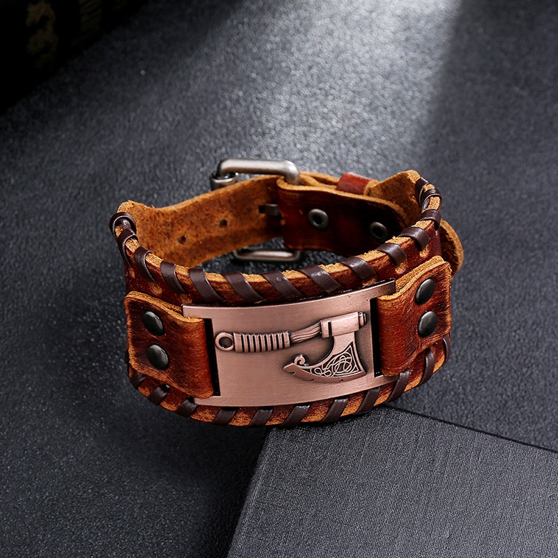 [Z H Perhiasan] Hip Hop Rock Retro Pria Fashion Stainless Steel Viking Rune Gelang Kulit Pesta Perhiasan Aksesoris